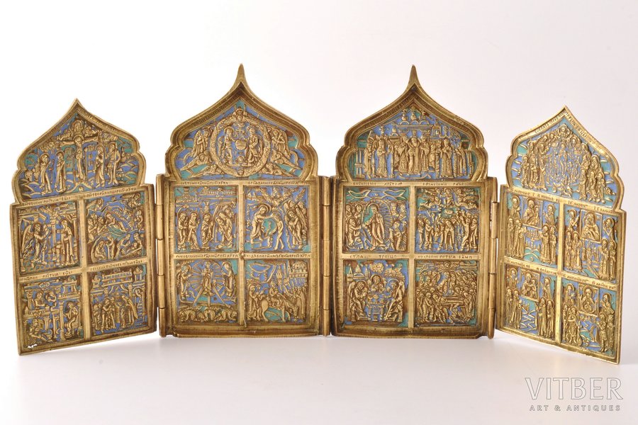 icon with foldable side flaps, Great Feasts, copper alloy, 2-color enamel, Russia, the border of the 19th and the 20th centuries, 37.8 x 16.7 x 0.7 cm, 752.55 g.
