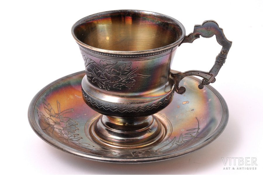 tea pair, silver, 84 standard, 119.65 g, engraving, Ø (plate) 10.4 cm, h (cup) 5.8 cm, Moscow, Russia