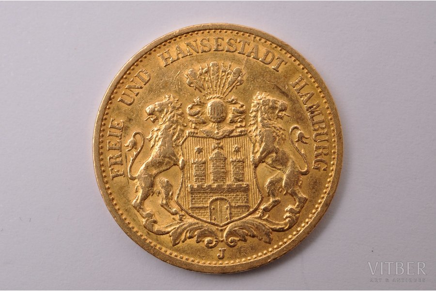 20 markas, 1894 g., J, Hamburga, zelts, Vācija, 7.93 g, Ø 22.6 mm, XF