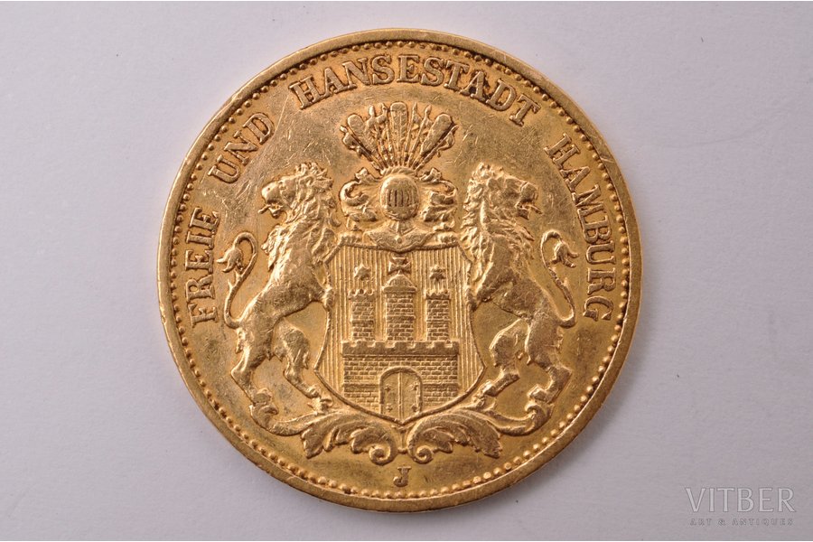 20 марок, 1899 г., J, Гамбург, золото, Германия, 7.93 г, Ø 22.6 мм, XF