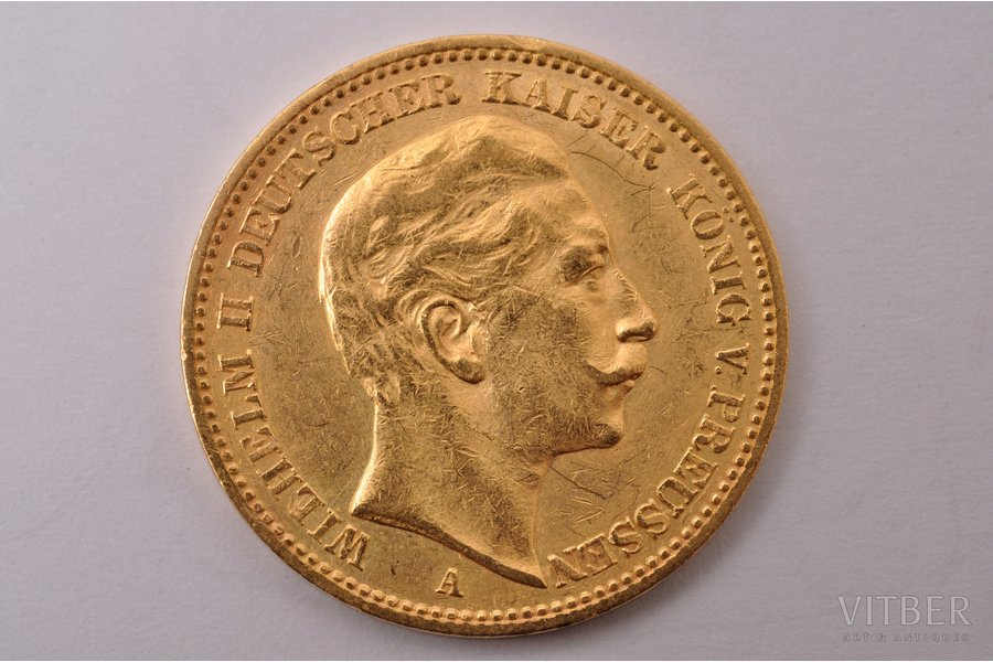 20 марок, 1897 г., A, Пруссия, золото, Германия, 7.93 г, Ø 22.6 мм, XF