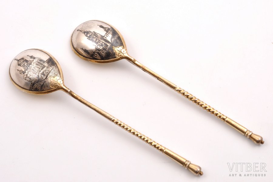 set of 2 teaspoons, silver, "Kremlin", 84 standart, niello enamel, 1888, 42.50 g, by Akimov V., Moscow, Russia, 14.1 cm