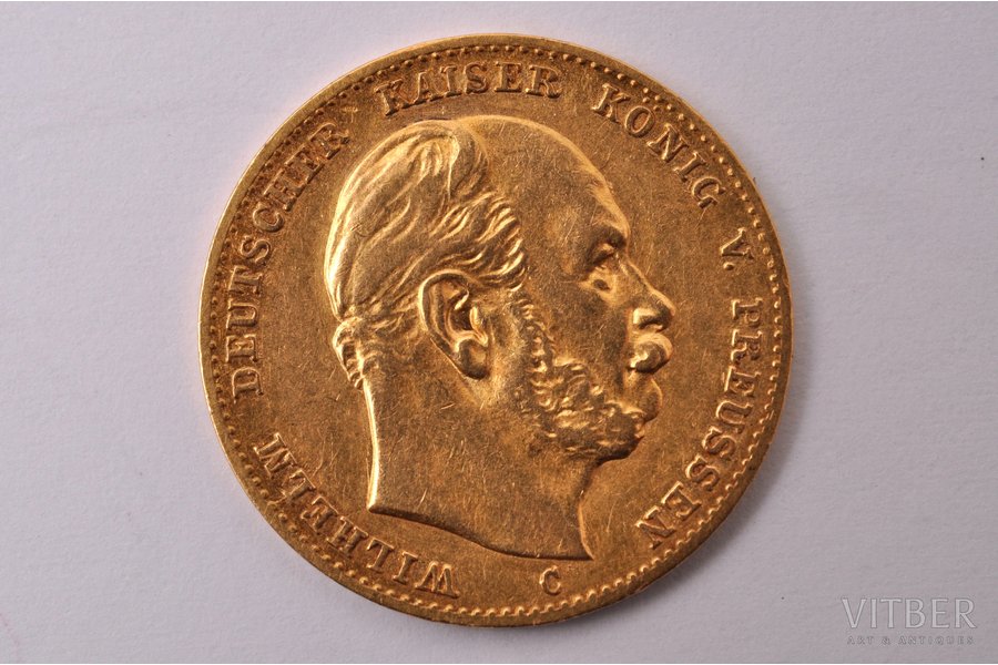 10 markas, 1873 g., C, Prūsija, zelts, Vācija, 3.93 g, Ø 19.5 mm, XF