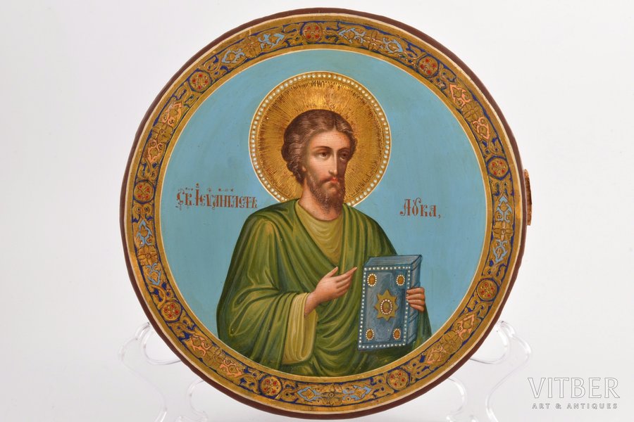 ikona, Svētais apustulis un evaņģēlists Lūka, dēlis, gleznojums, zeltījums, Krievijas impērija, 19. gs. beigas, Ø 22.5 cm