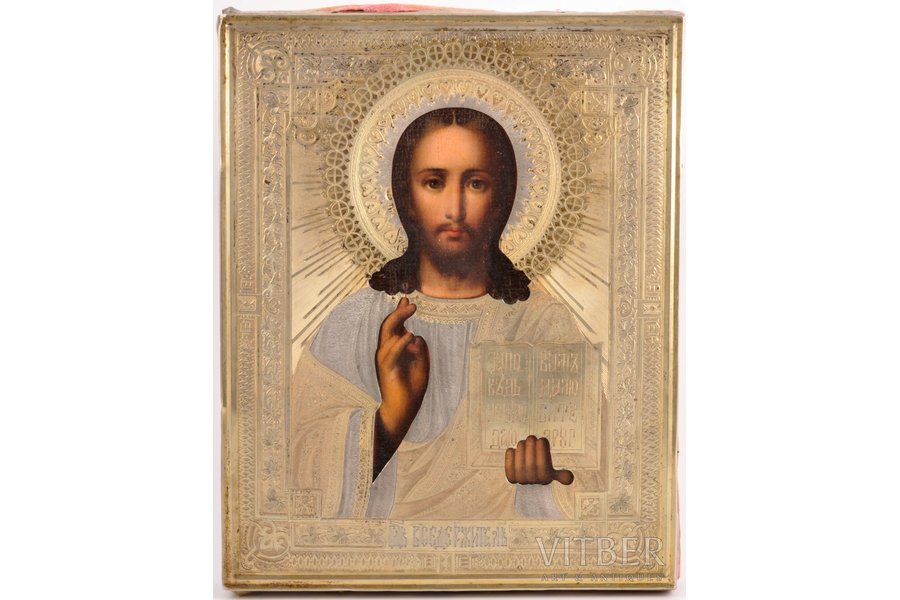 ikona, Jēzus Kristus Pantokrators (Visavaldītājs), dēlis, sudrabs, gleznojums, 84 prove, Krievijas impērija, 1890 g., 22 x 17.5 x 2.3 cm