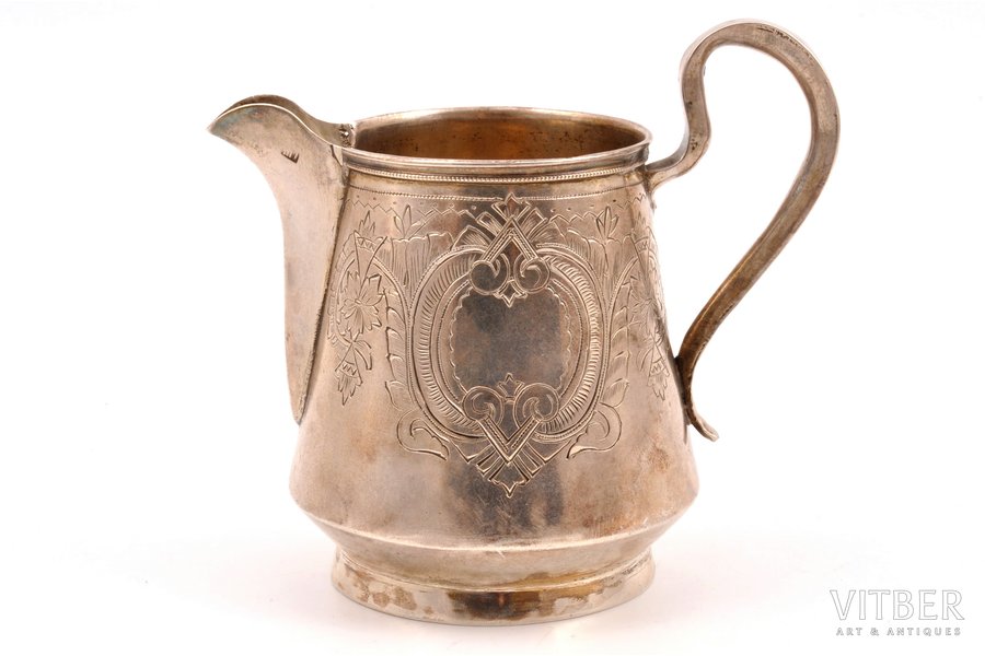 cream jug, silver, 84 standard, 130.80 g, engraving, h 9.9 cm, by Ilya Shchetinin, 1880-1890, Moscow, Russia