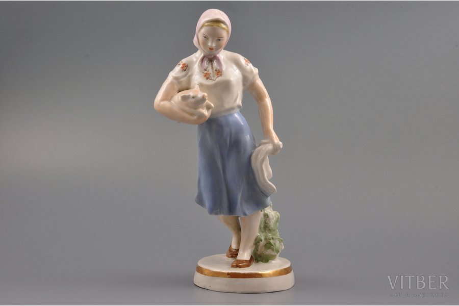 figurine, Pig-tender, porcelain, Riga (Latvia), USSR, sculpture's work, molder - O.Artamonova, the 50ies of 20th cent., 24.5 cm, restoration