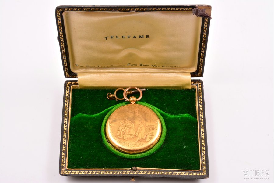 карманные часы, Великобритания, золото, 18 K проба, 58.15 г, 5.35 x 4.6 см, Ø 43.8 мм, в футляре, механизм в рабочем состоянии