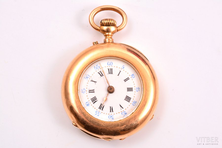 kabatas pulkstenis, Francija, zelts, 18 K prove, 21.27 g, 3.8 x 3 cm, Ø 27 mm, mehānisms darbojas