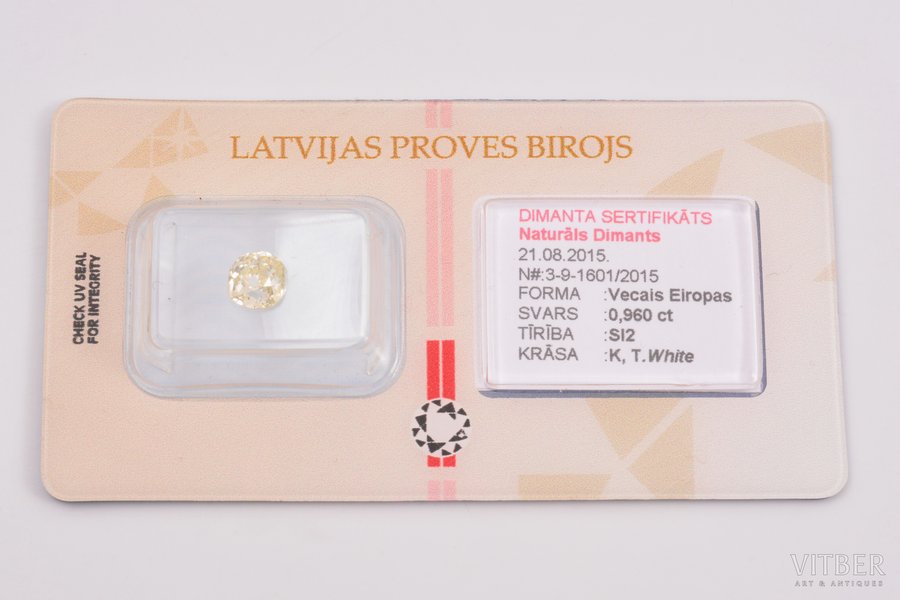 dimants, ar Latvijas proves biroja sertifikātu, briljants, 0,960 ct