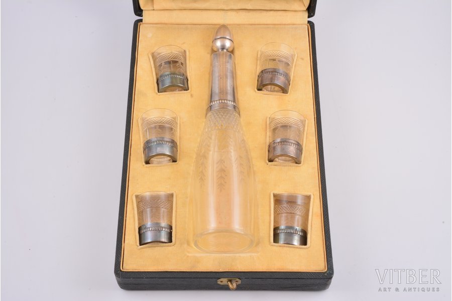 set of carafe and 6 little glasses, silver, glass, 950 standart, France, h (carafe) 25.6 cm, h (glass) 5 cm, in a box
