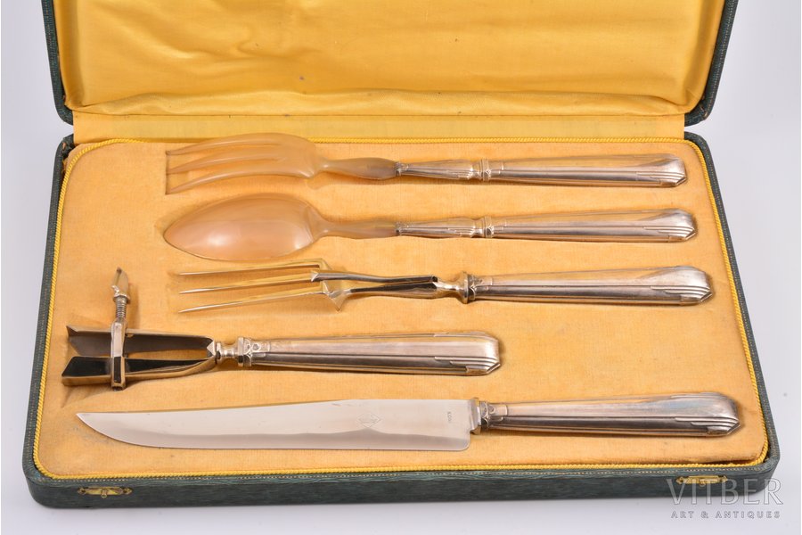 flatware set, silver, Art Deco, 5 items, 950 standard, total weight of items 477.80, plastic, 32.7 - 21.9 cm, France, in a box
