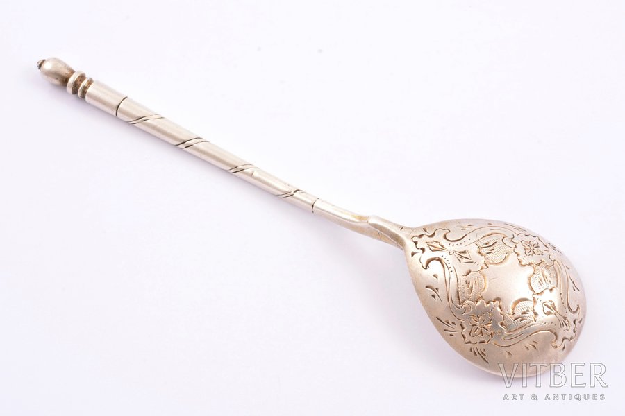 teaspoon, silver, 84 standard, 27.90 g, engraving, 14 cm, craftsman unknown, 1874, Kazan, Russia