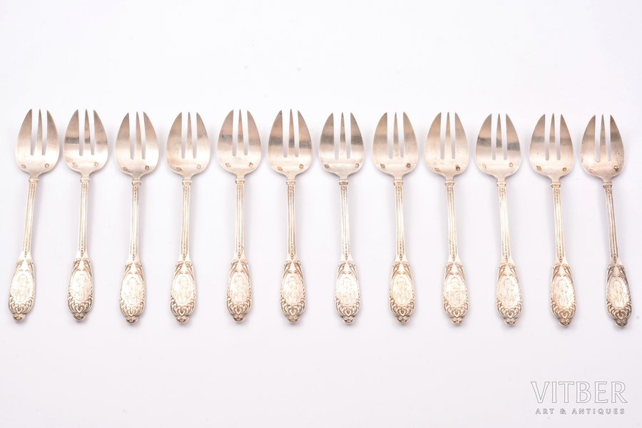 set of 12 oyster forks, silver, 950 standart, 1883-1911, 290.30 g, Alphonse Debain, France, 13 cm