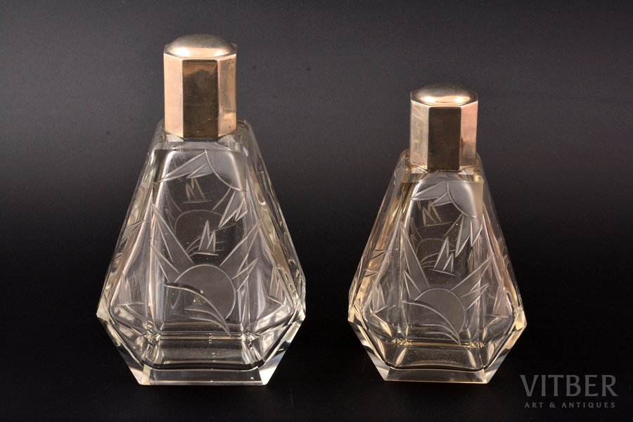 perfume set, silver, glass, 2 bottles, Art Deco, 800 standard, h 16 / 13.7 cm, the beginning of the 20th cent.