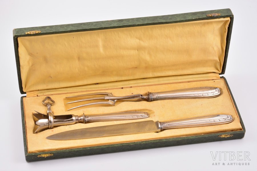meat carving set, silver, 3 items, 950 standard, total weight of items 350.75, metal, 31.6 / 27.2 / 19.5 cm, France, in a box