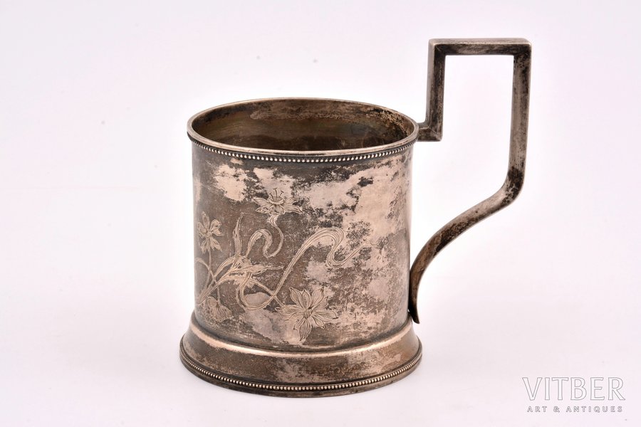 tea glass-holder, silver, Art-Nouveau, 84 standard, 117.10 g, engraving, Ø (inside) 7.1 cm, h (with handle) 10.5 cm, 1908-1917, St. Petersburg, Russia