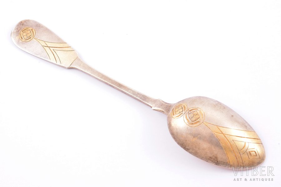 teaspoon, silver, 84 standard, 18.35 g, engraving, 13.7 cm, by Nikolay Pavlov, 1908-1917, Moscow, Russia