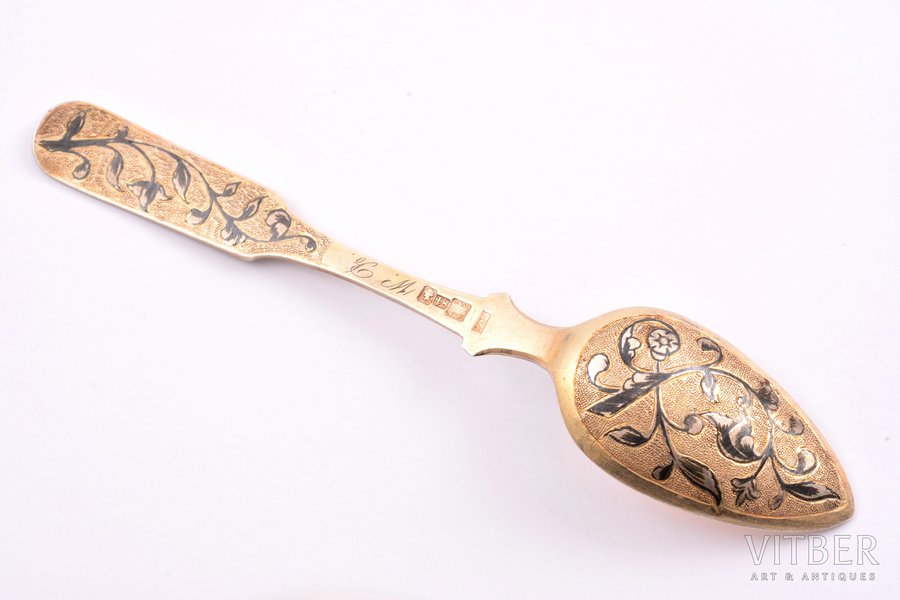 teaspoon, silver, 84 standard, 23.75 g, engraving, niello enamel, 14 cm, 1840, Moscow, Russia