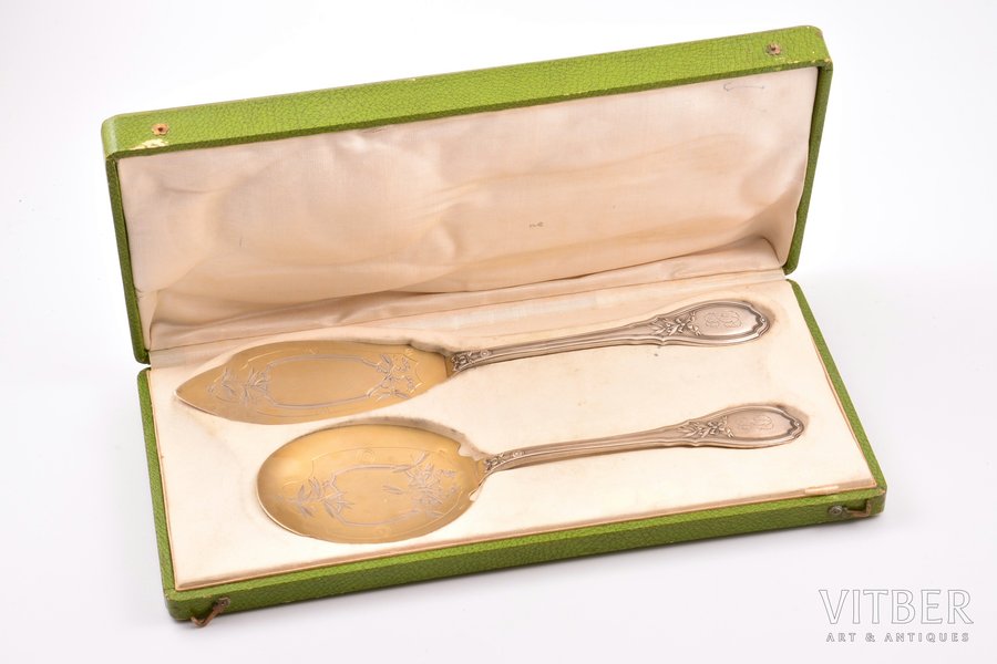 flatware set, silver, 2 items, 950 standard, 247.55 g, 28.6 / 25.6 cm, Henri Soufflot, 1884-1910, Paris, France, in a box