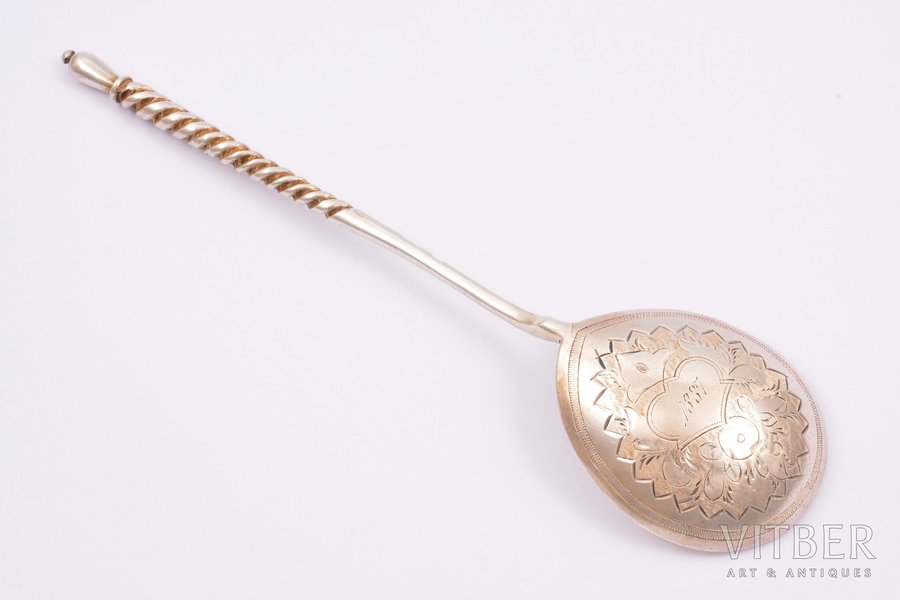 teaspoon, silver, 84 standard, 30.35 g, engraving, 16.1 cm, by Israel Eseevich Zakhoder, 1886, Russia