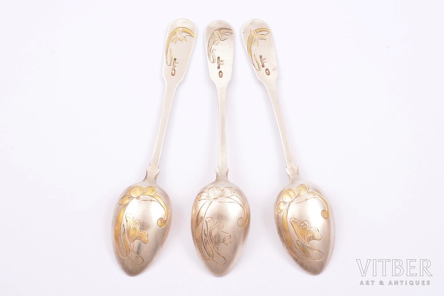 set of 3 teaspoons, silver, 84 standart, engraving, 1908-1917, 91.05 g, Ivan Khlebnikov factory, Moscow, Russia, 14.7 cm