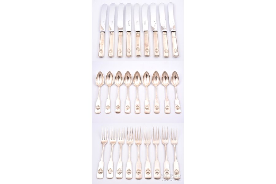 flatware set, silver, 9 knives, 9 forks, 9 spoons, 84 standard, 2357.45 g, knives (total weight) 973.80 g + forks 697.20 g + spoons 686.45, metal, 26 / 22.5 / 22.4 cm, by A. Riedel, 1877, Minsk, Russia
