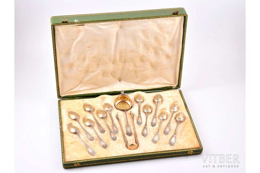flatware set, silver, 12 teaspoons, strainer, sugar tongs, 950 standard, 266.60 g, 12.1 / 12.5 / 15.5 cm, France, in a box