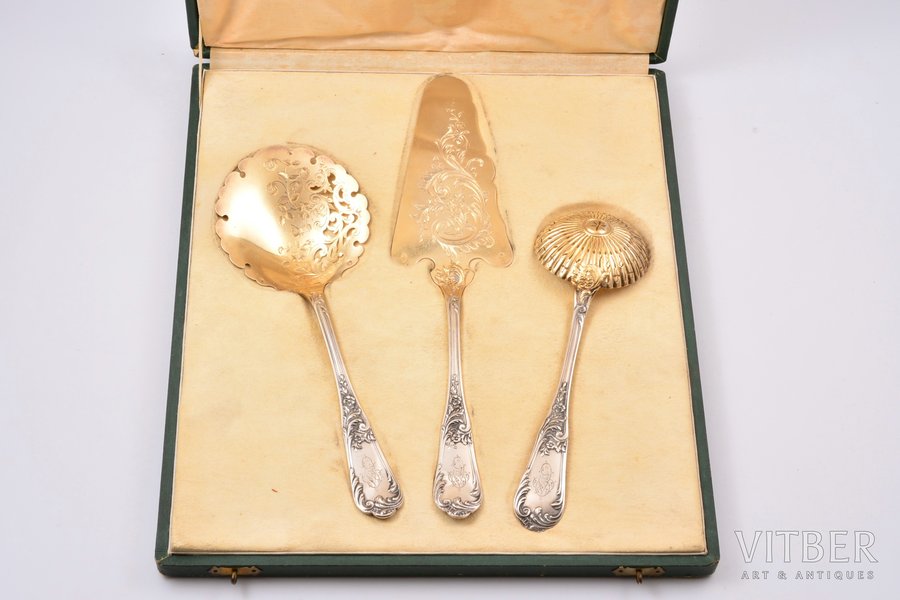 flatware set, silver, 3 items, 950 standard, 313.20 g, engraving, gilding, 28.9 / 23.5 / 21 cm, Louis Ravinet & Charles Denfert, 1891-1912, Paris, France, in a box