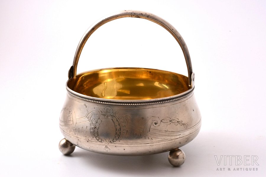 candy-bowl, silver, 84, 875 standard, 287.20 g, engraving, ∅ 14.5 cm, h with a handle 14 cm, 1908-1917, Moscow, Russia