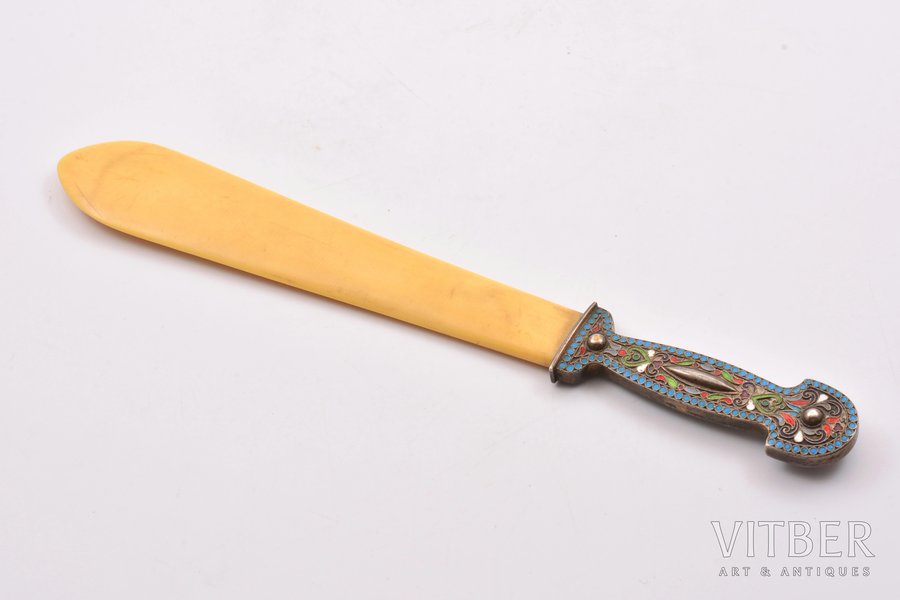 нож для писем, серебро, 84 проба, общий вес изделия 56.90, перегородчатая эмаль, 25.4 см, Российская империя