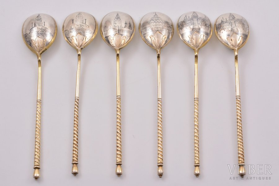 set of spoons, silver, 6 items, 84 standard, 111.80 g, niello enamel, 13.6 cm, Vasiliy Ashmarin's factory, 1884, Moscow, Russia