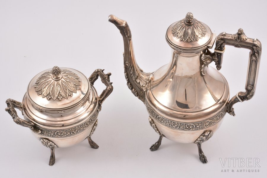 a set of sugar-bowl and small teapot, silver, 950 standart, silver stamping, 937.75 g, total weight of a small teapot 538.40 g, total weight of a sugar bowl 399.60 gg, France, h of a small teapot 23.3 cm, h of a sugar bowl 14 cm