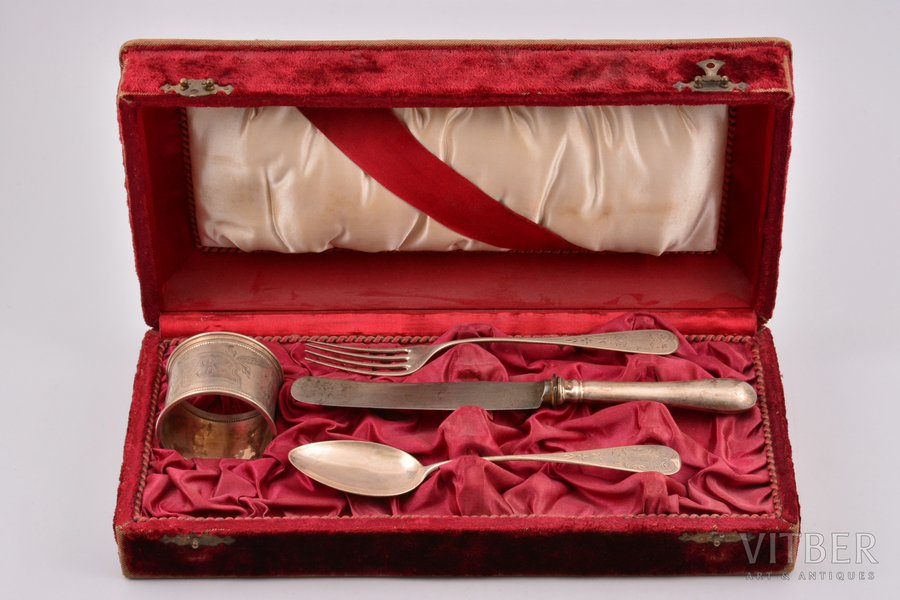 flatware set, silver, 4 items: fork, knife, spoon, napkin holder, 800 standard, 133.95 g, engraving, 20.8 / 17.1 / 17 / Ø 5.3 cm, Germany, in a box
