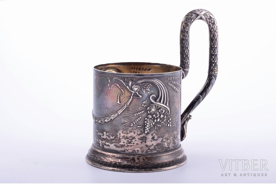 tea glass-holder, silver, "Horn of plenty", 875 standard, 181.80 g, h (with a handle) 12 cm, Ø (inside) 6.7 cm, "Platinopribor" factory in Moscow, 1927-1946, Moscow, USSR
