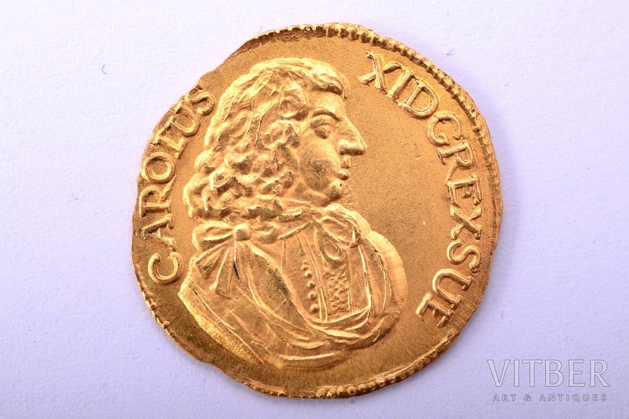 commemorative coin, 1 ducat coin (1681), minted in honor of the 800th anniversary of Riga city, from series "Rīgas laiks monētās", by Mārtiņš Mikāns (Mikāns goldsmith workshop), gold, Latvia, 3.60 g, Ø 20.2 - 20.8 mm, 900 standard, the 90-ties of the 20th cent.