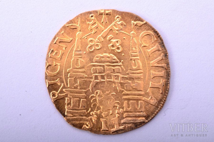 commemorative coin, 1 ferding coin (1565), minted in honor of the 800th anniversary of Riga city, from series "Rīgas laiks monētās", by Mārtiņš Mikāns (Mikāns goldsmith workshop), gold, Latvia, 3.55 g, Ø 21.7-22.1 mm, 900 standard, the 90-ties of the 20th cent.