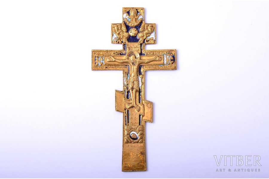 крест, Распятие Христово, огненное золочение, медный сплав, 2-цветная эмаль, Российская империя, 18-й век, 20.3 x 10.5 x 0.7 см, 241.85 г.