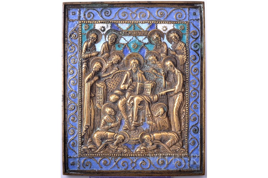 ikona, Jēzus Kristus tronī, vara sakausējuma, 5-krāsu emalja, Krievijas impērija, 19. un 20. gadsimtu robeža, 12.8 x 10.5 x 0.4 cm, 500.50 g.