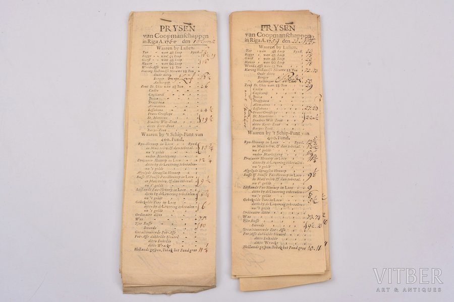 dokuments, Cenrāži uz precēm Rīgā, 1759-1760 g., 23.2 x 7.1 cm