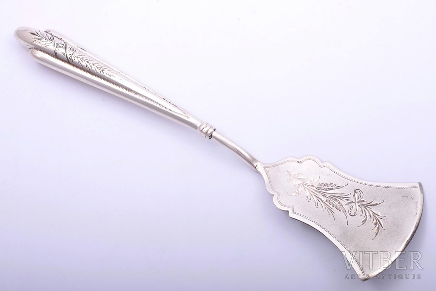 нож-лопатка, серебро, 84 проба, 31.55 г, штихельная резьба, 19 см, 1887 г., Рига, Российская империя