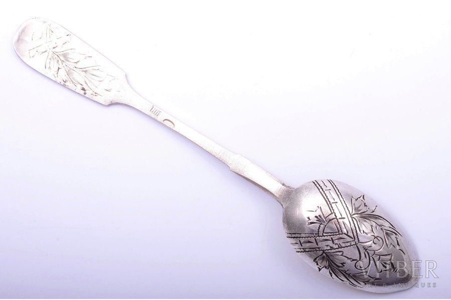 teaspoon, silver, 84 standard, 19.60 g, engraving, 14.4 cm, 1896-1907, Russia