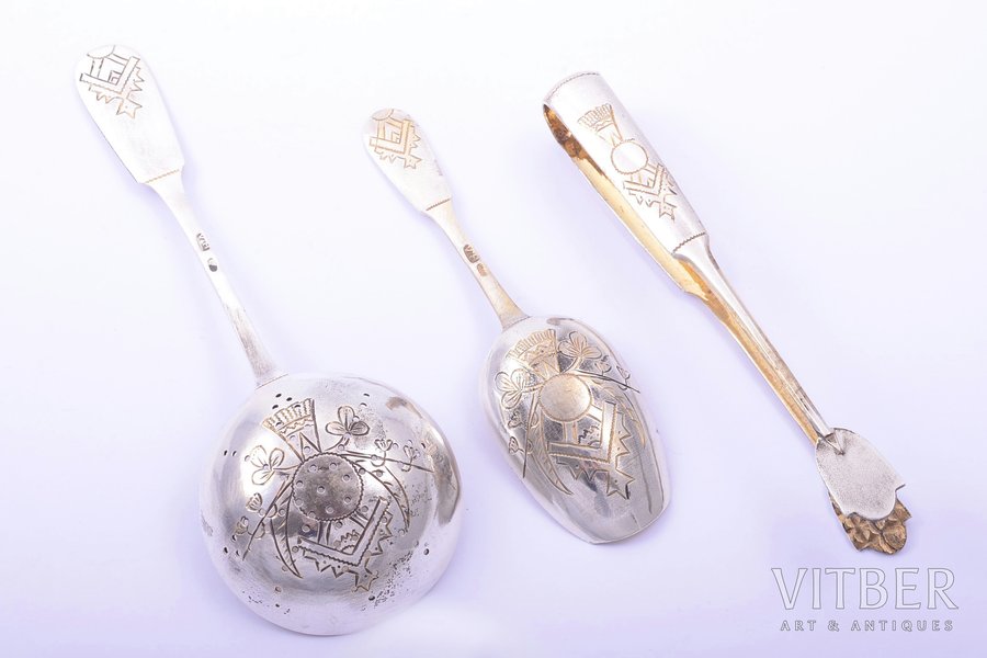 set, sugar tongs, sieve spoon, tea caddy spoon, silver, 84 standard, 59.85 g, engraving, 14.4 / 11.5 / 10.9 cm, 1896-1907, Moscow, Russia