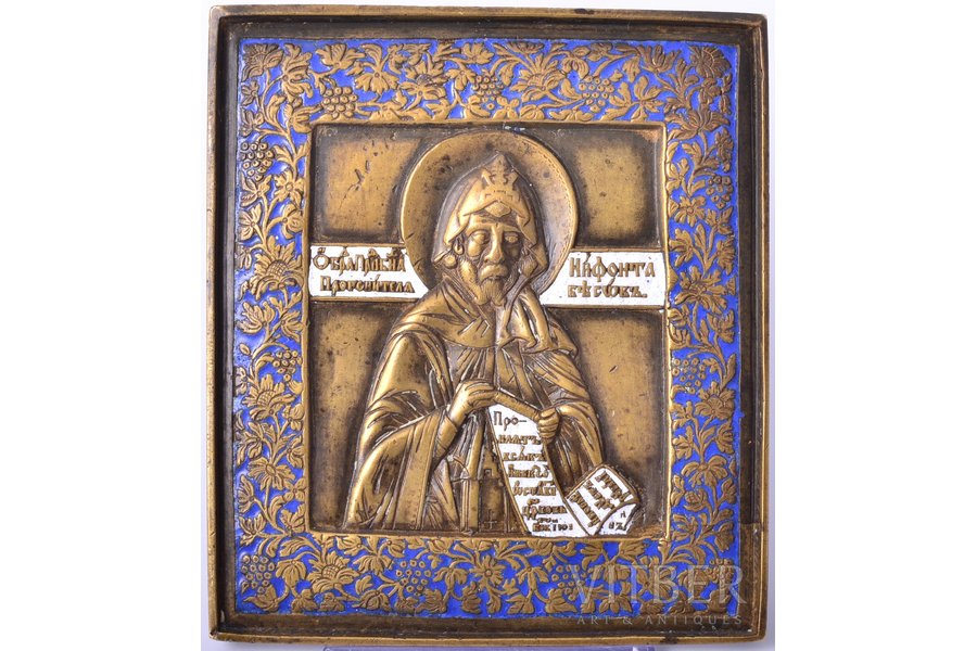 icon, Saint Niphon of Athos, copper alloy, 2-color enamel, Russia, the 19th cent., 11.5 x 10.1 x 0.5 cm, 292.95 g.