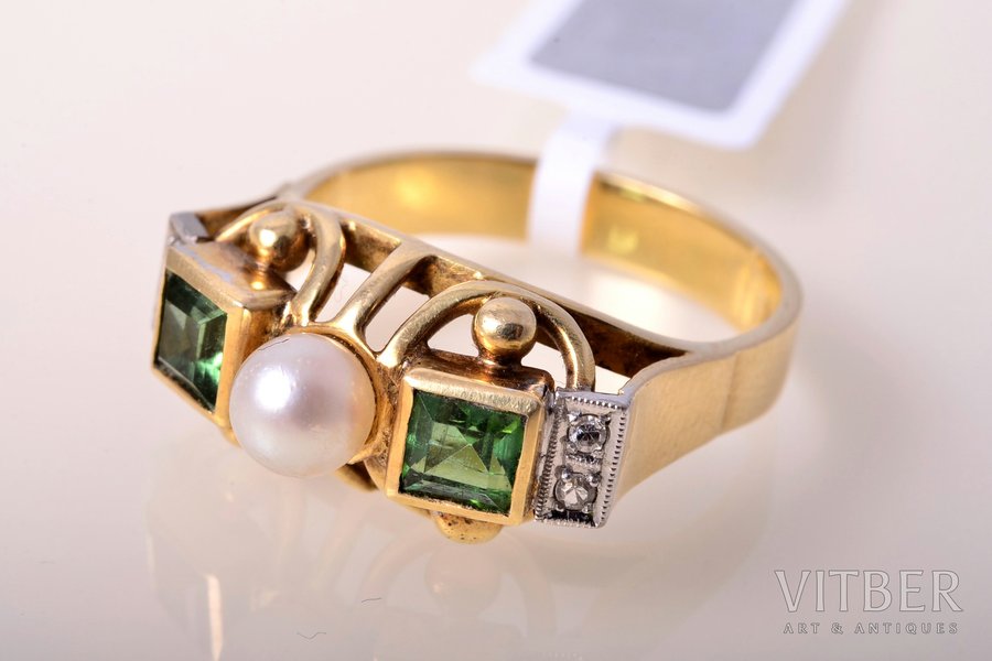 кольцо, золото, 585 проба, 5.50 г., размер кольца 17 1/2, бриллиант, турмалин