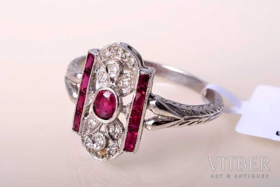 a ring, Art Deco, gold, 18 k standard, 2.63 g., the size of the ring 17 1/2, diamonds, ruby