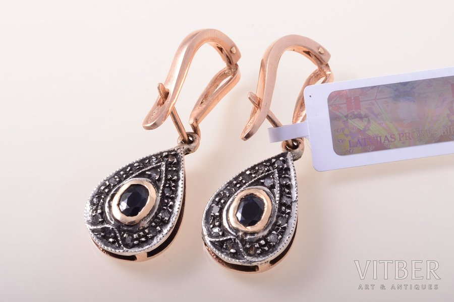 earrings, gold, 500 standard, 8.60 g., the item's dimensions 2.2 x 1.2 cm, diamond, sapphire