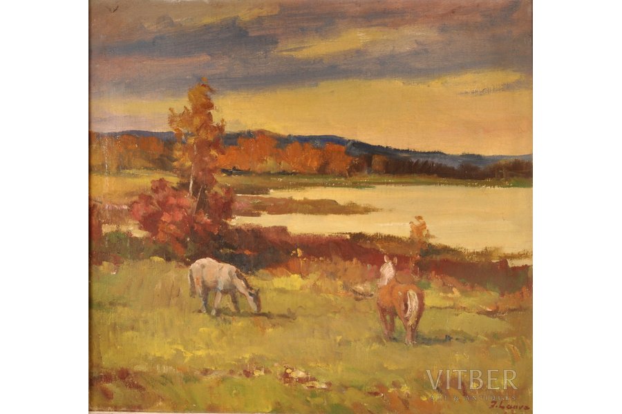 Lauva Jānis (1906 - 1986), Ainava ar zirgiem, 1968(?) g., audekls, eļļa, 65 x 70 cm