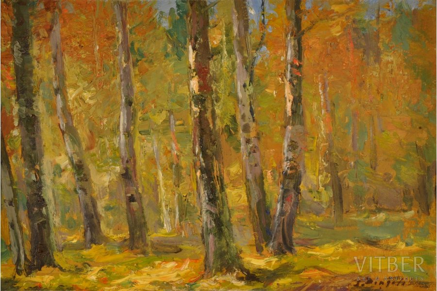 Dingelis Stanislavs (1899-1988), Birch Grove, carton, oil, 32 x 47 cm