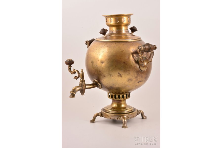 samovar, Vorontsov manufactory in Tula, shape "Ball", leak-proof, bronze, brass, tin, Russia, 1866-1906, h 30.6 cm, weight 2200 g